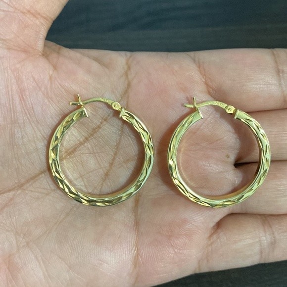 Yellow Gold Over Sterling Silver Diamond Cut Hoop Earrings - Picture 3 of 5